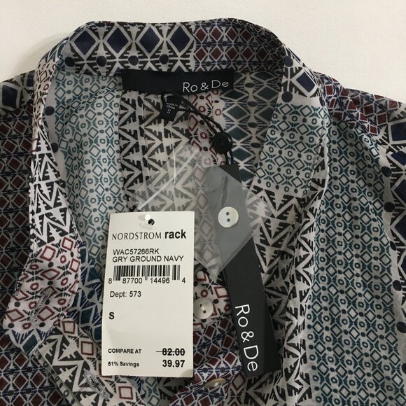 Ro & De Tunic NWT Sheer Band Collar 1/2 Button Down Blouse Gray Navy Blue - Picture 8 of 13